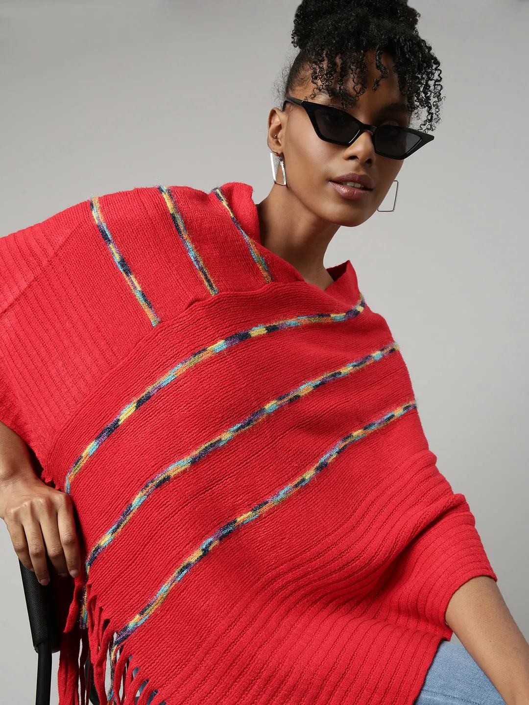 Mood Booster Women's Red V-Neck Striped Longline Fringed Poncho