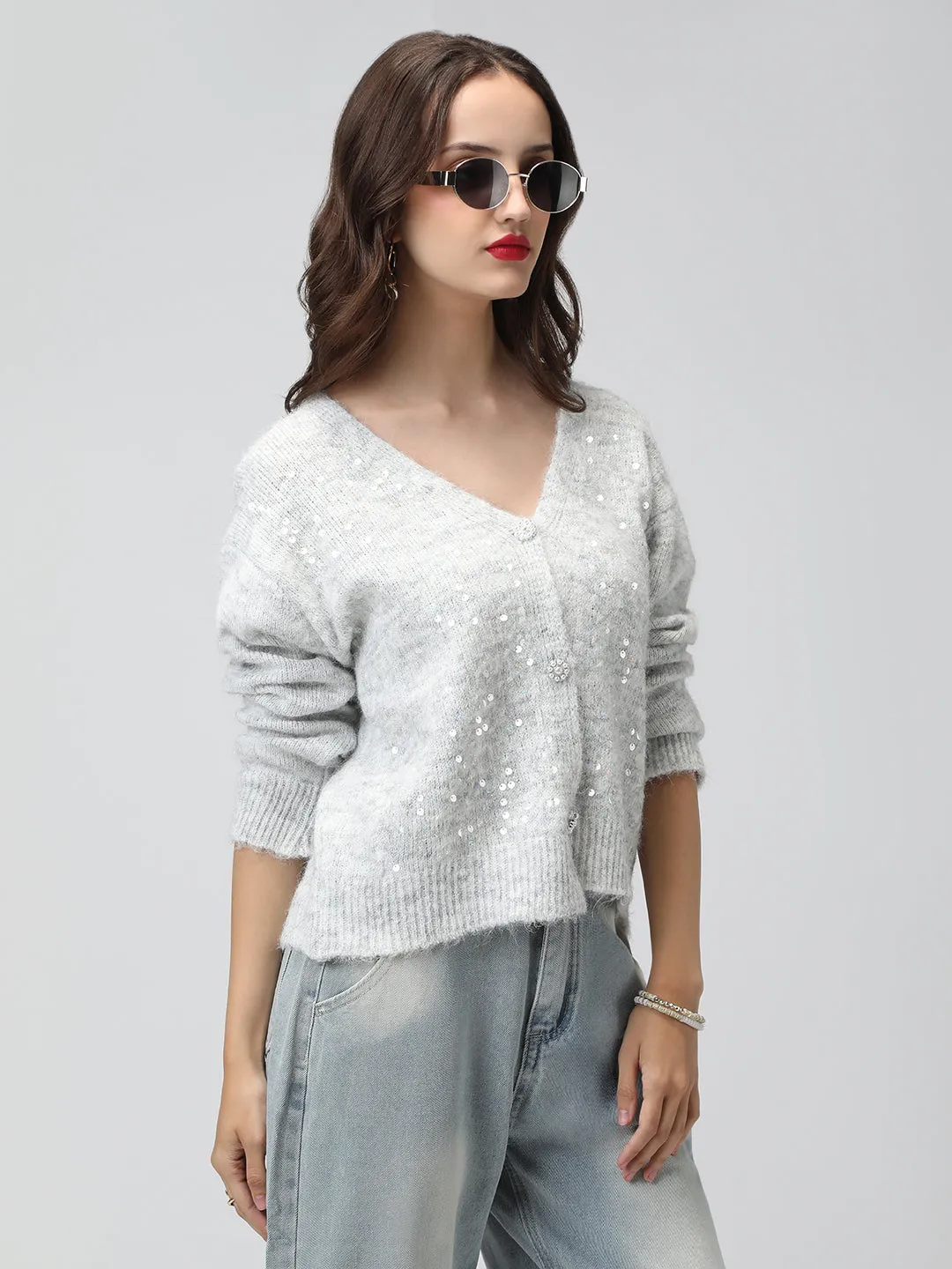 Non Restrictive Women's Ribbed Embellished Grey V-Neck Cardigan
