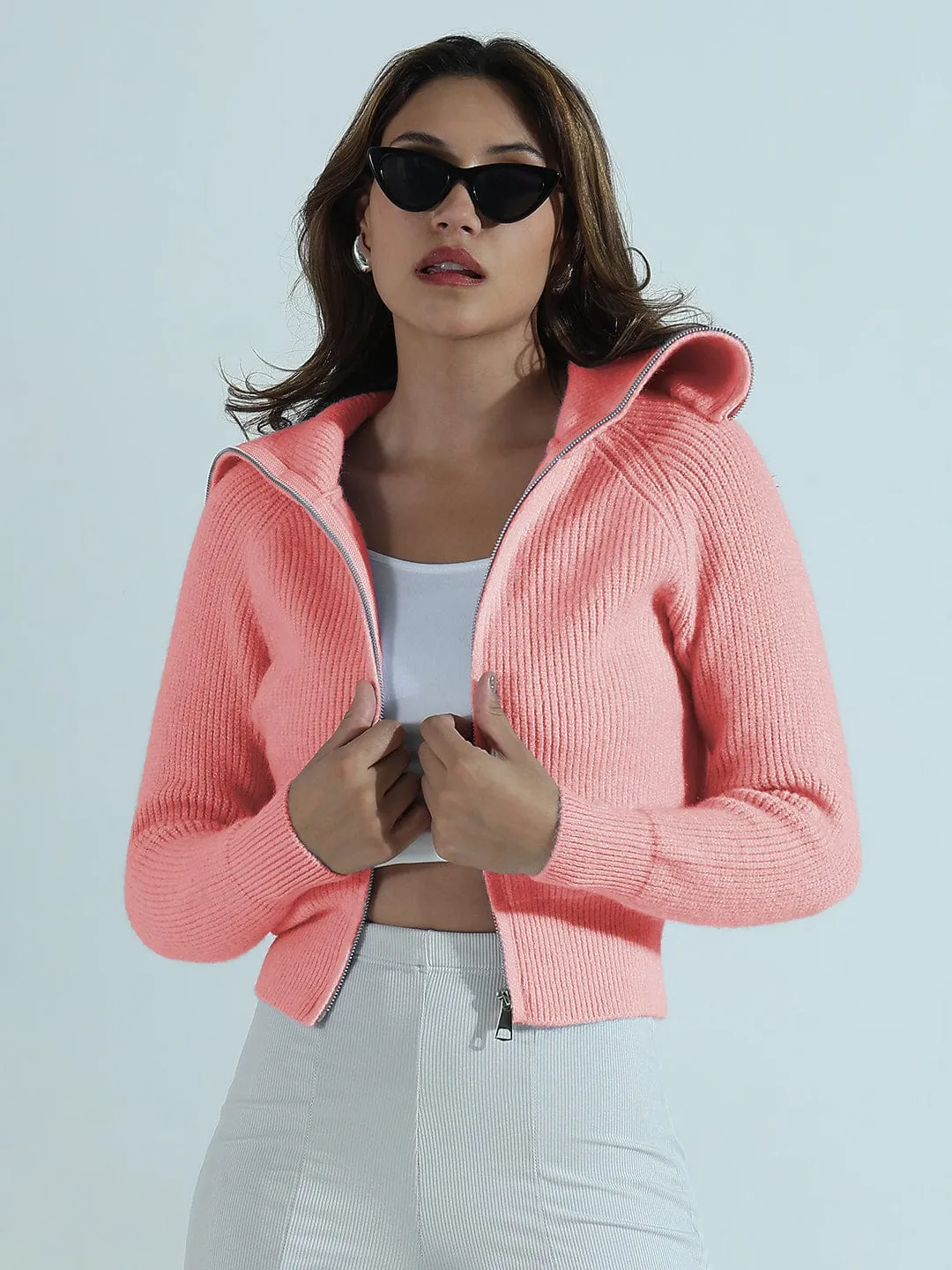 Women's Ribbed Pink Polo Collar Sweater with Zip Sleek Fit Street Casual Style