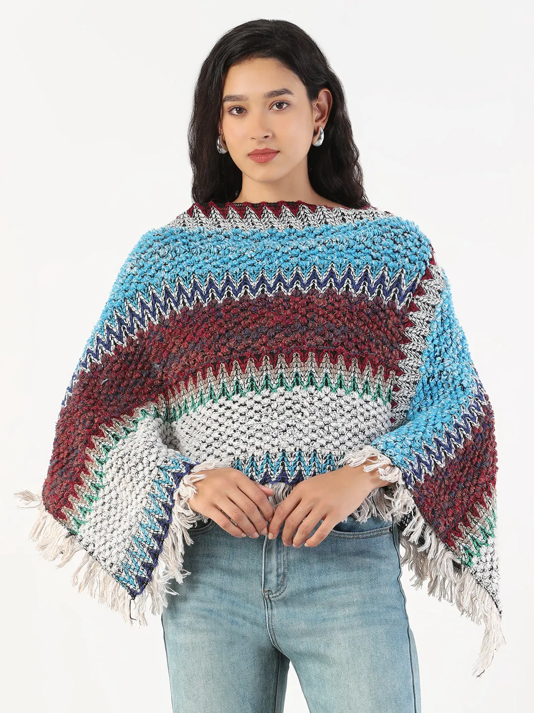 Women's Round Neck Striped Multi Coloured Poncho Modern Comfort