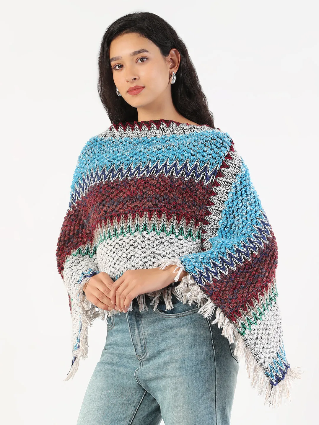 Women's Round Neck Striped Multi Coloured Poncho Classic Pick MultiDirectional Stretch