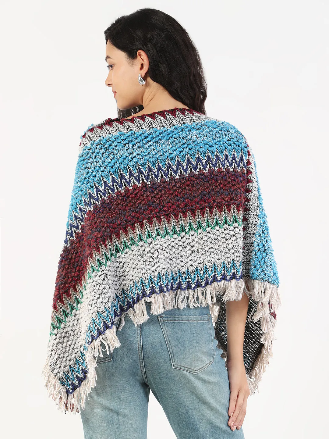 Women's Round Neck Striped Multi Coloured Poncho Soft Material Lightweight Fabric