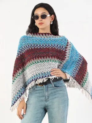 Women's Round Neck Striped Multi Coloured Poncho Thermochromic Fiber Applications