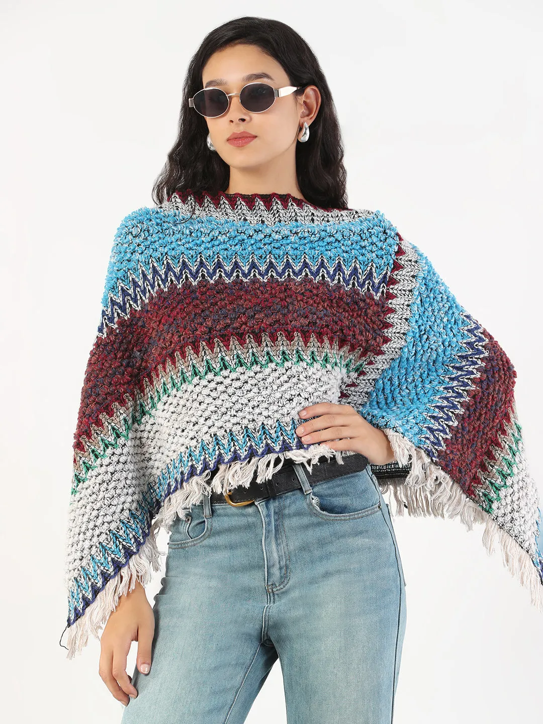 Women's Round Neck Striped Multi Coloured Poncho Thermochromic Fiber Applications