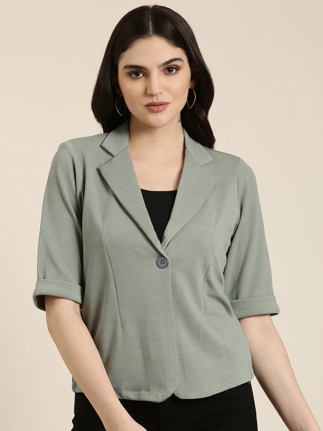 Women's Sea Green Notched Lapel Single-Breasted Blazer Fleece Lined Interior Sealed Seam Construction