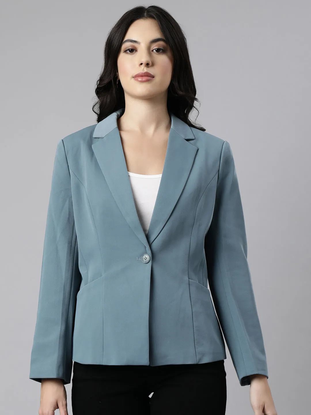 Stripe Look Seamless Edge Finishing Women's Sea Green Single-Breasted Blazer