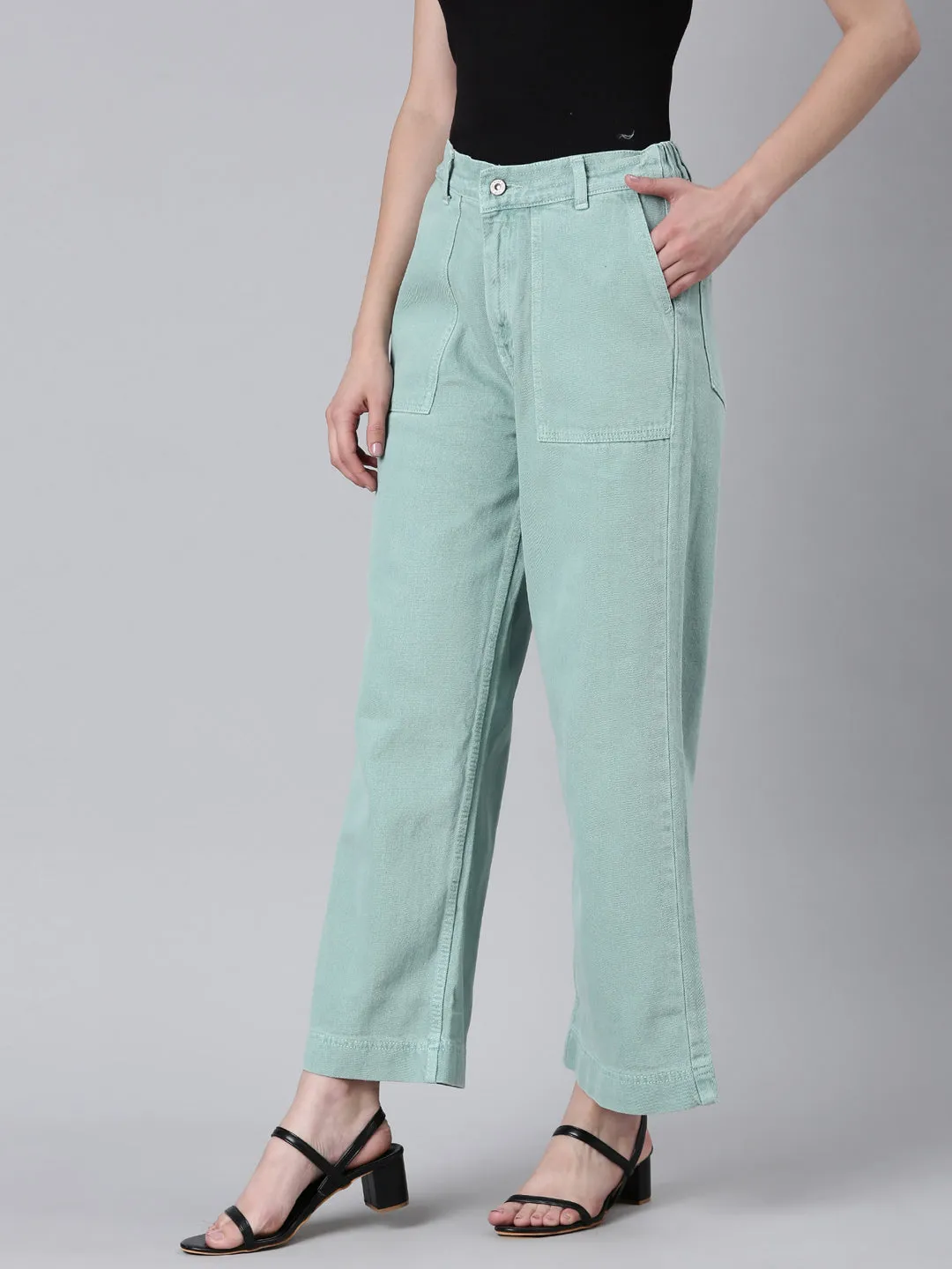 Outfit Routine Women's Sea Green Wide Leg Acid Wash Mid-Rise Denim Jeans
