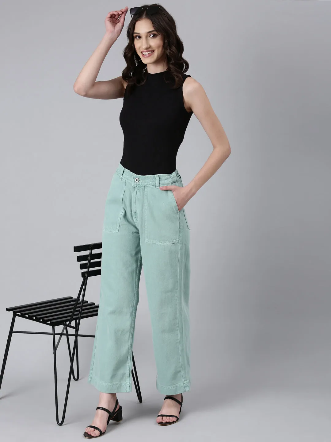 Women's Sea Green Wide Leg Acid Wash Mid-Rise Denim Jeans Holiday Vibes High Quality