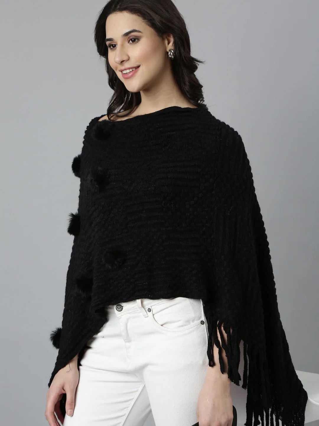 Tubular Knit Method Women's Self Design Longline Black Poncho