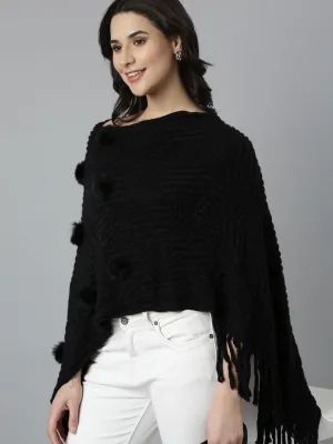 Tubular Knit Method Women's Self Design Longline Black Poncho