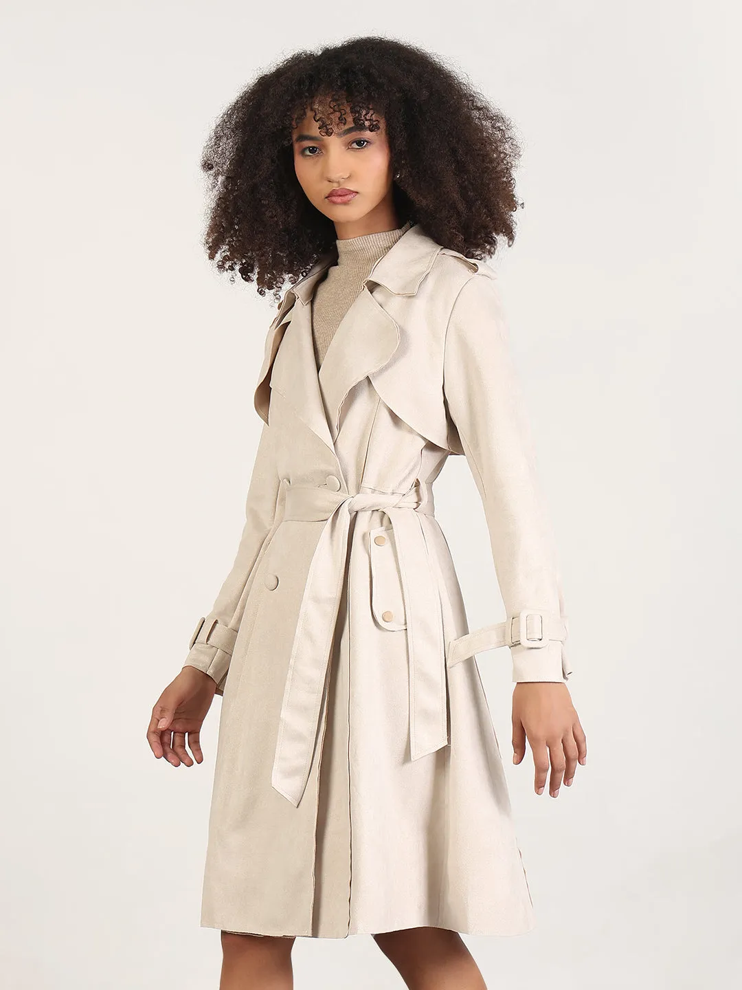 FleeceLined Women's Solid Beige Lapel Collar Longline Trench Coat with Fabric Belt and WristBelt
