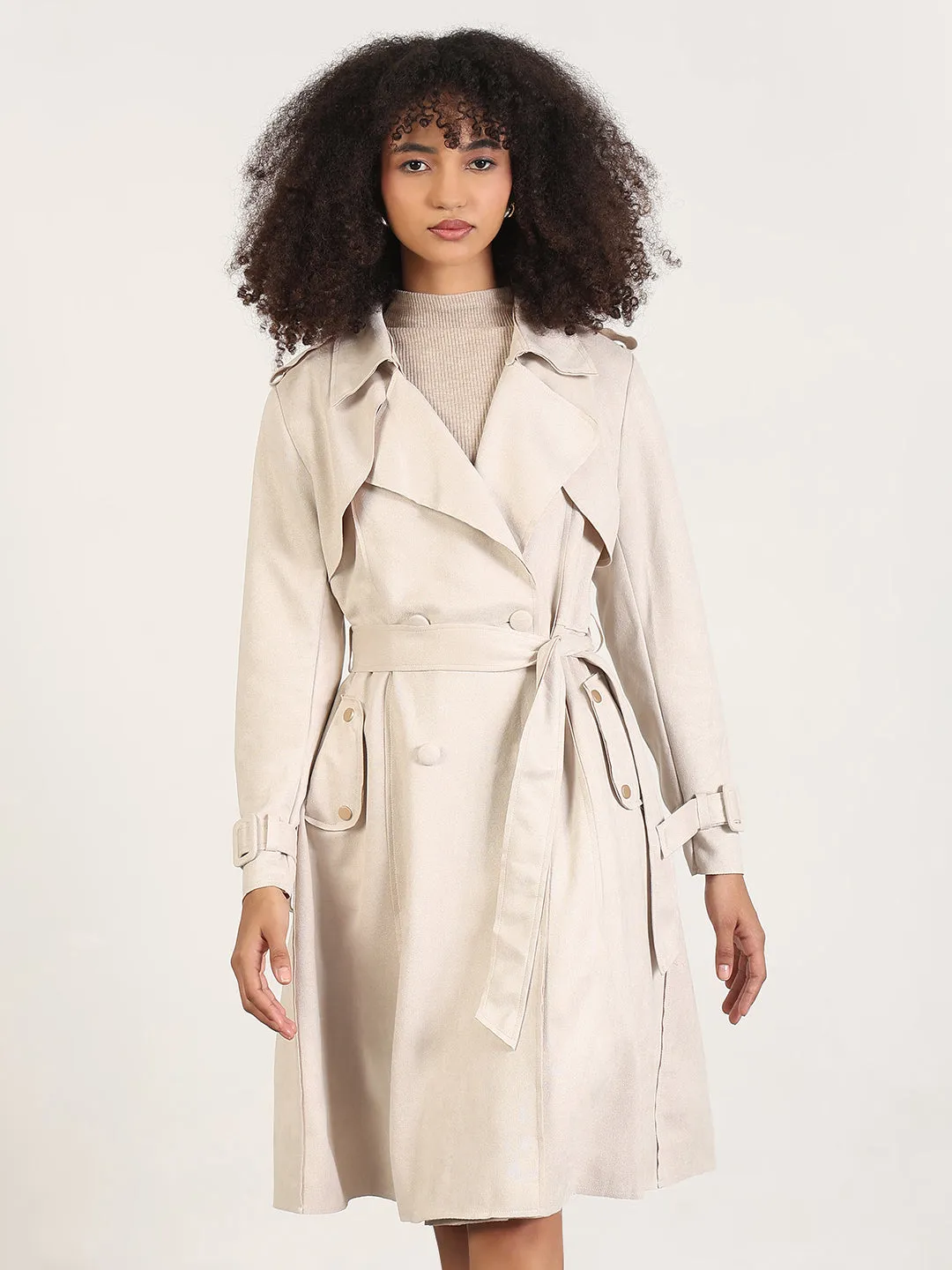 Women's Solid Beige Lapel Collar Longline Trench Coat with Fabric Belt and WristBelt Light Weight Tactical Wear