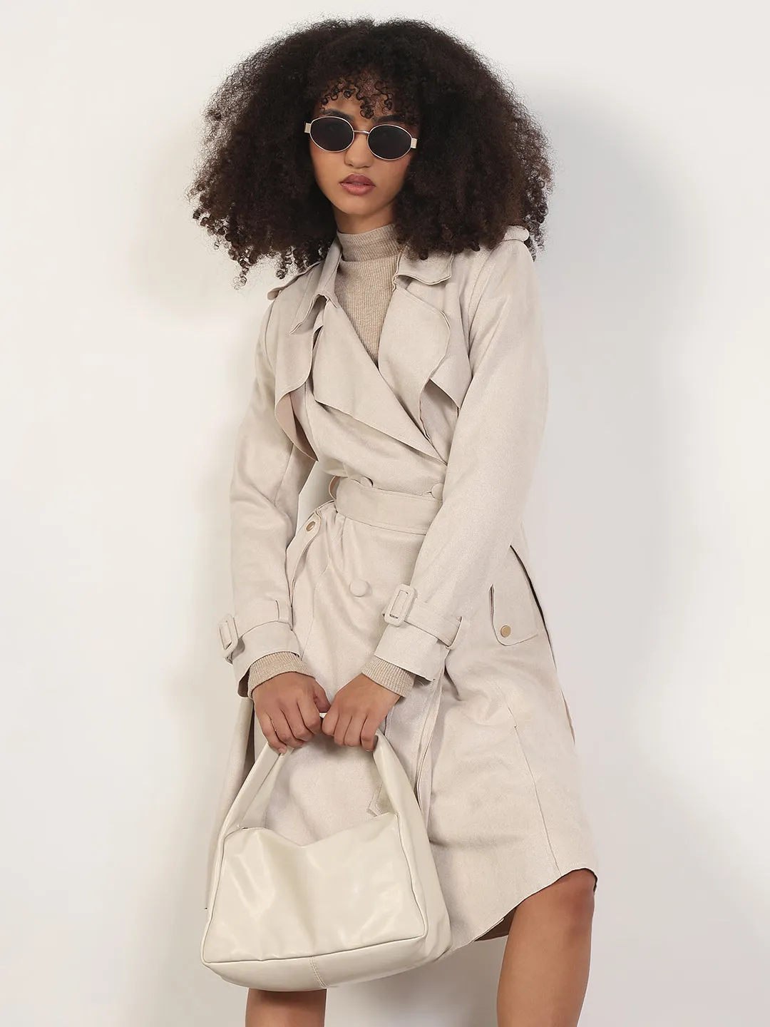 City Chill Style Women's Solid Beige Lapel Collar Longline Trench Coat with Fabric Belt and WristBelt