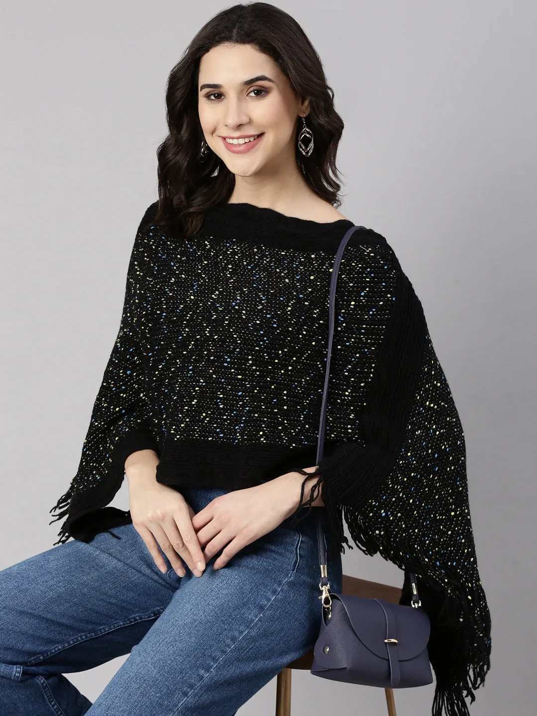 Cold Day Biodegradable Fiber Blend Women's Solid Black Poncho