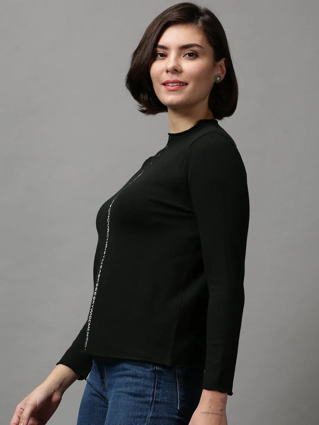 Women's Solid Black Sweater Bold Simplicity Ribbed Hemline