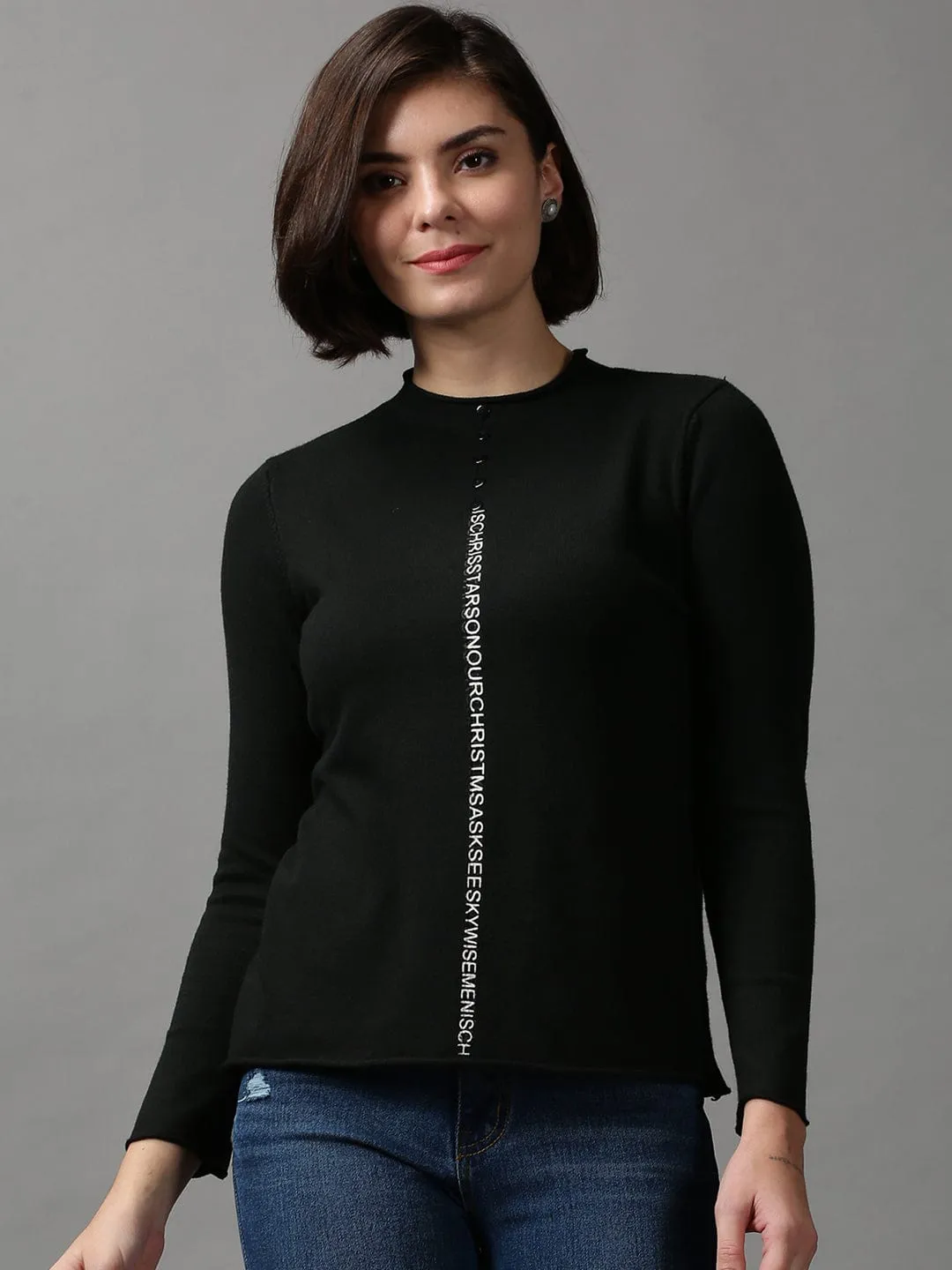 Women's Solid Black Sweater ShapeRetention Fabric Snug Style