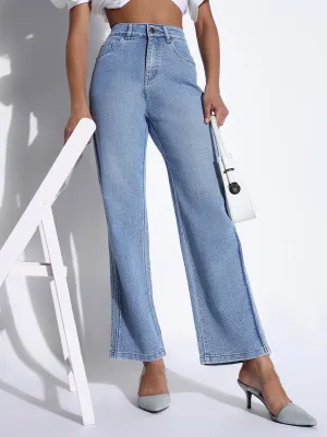 Women's Solid Blue Wide Leg Jeans Street Fashion Affordable