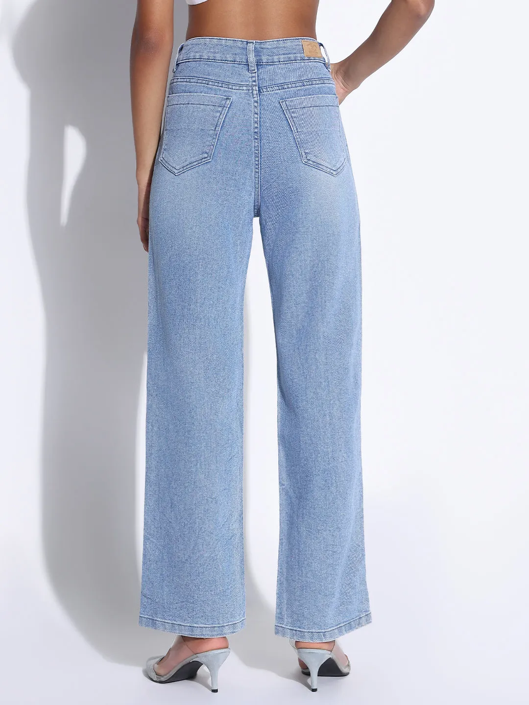 Women's Solid Blue Wide Leg Jeans Picnic Style Textured