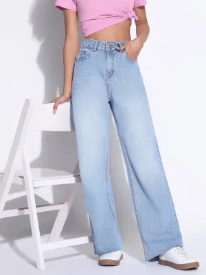Timeless Comfort Fit Ready Women's Solid Blue Wide Leg Jeans