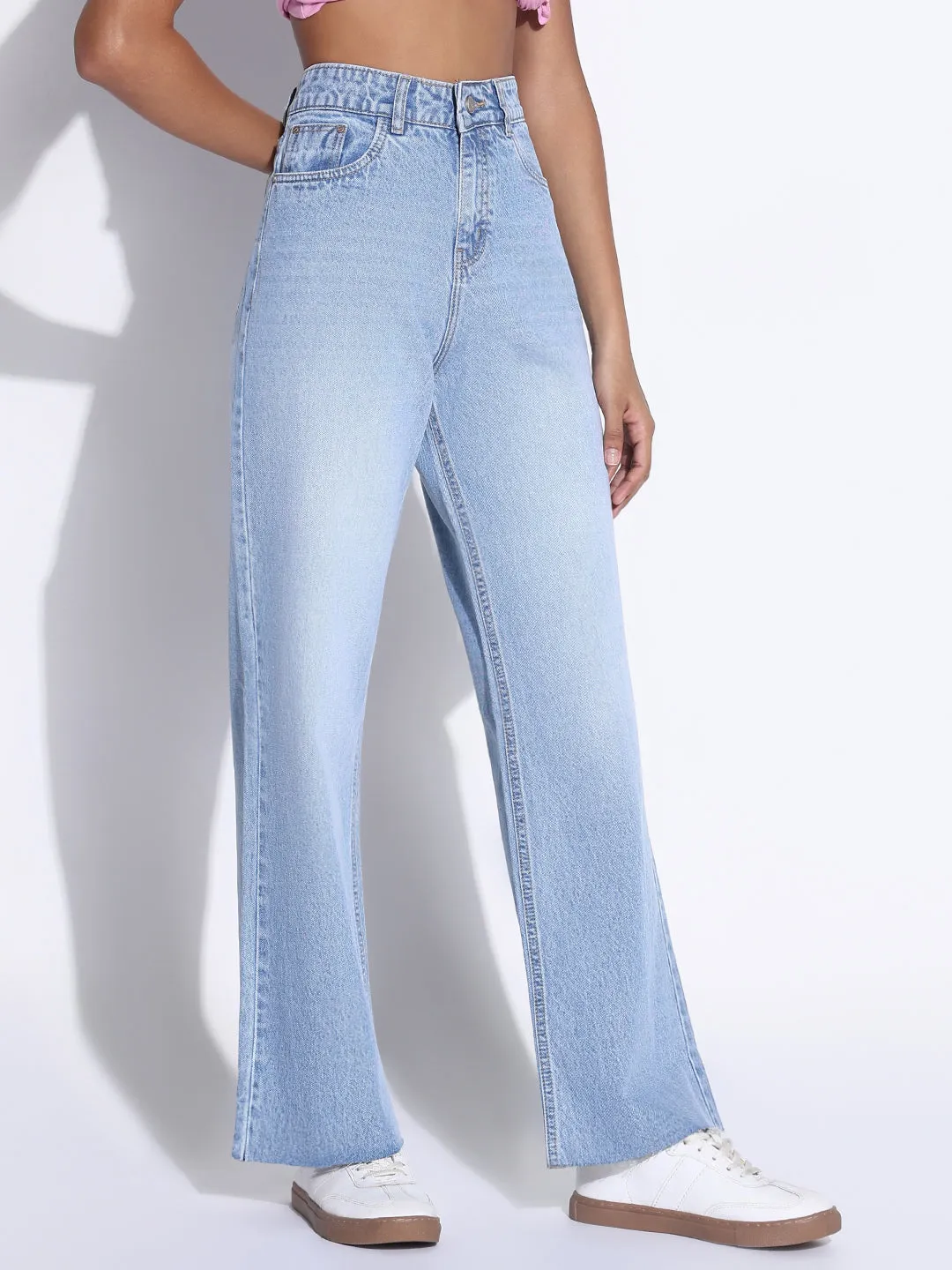 Women's Solid Blue Wide Leg Jeans Basic Attire