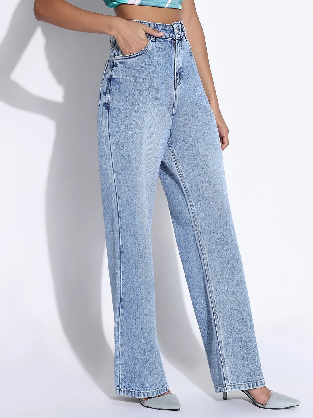 Fashion Must-Have Sanded Seam Comfort Women's Solid Blue Wide Leg Jeans