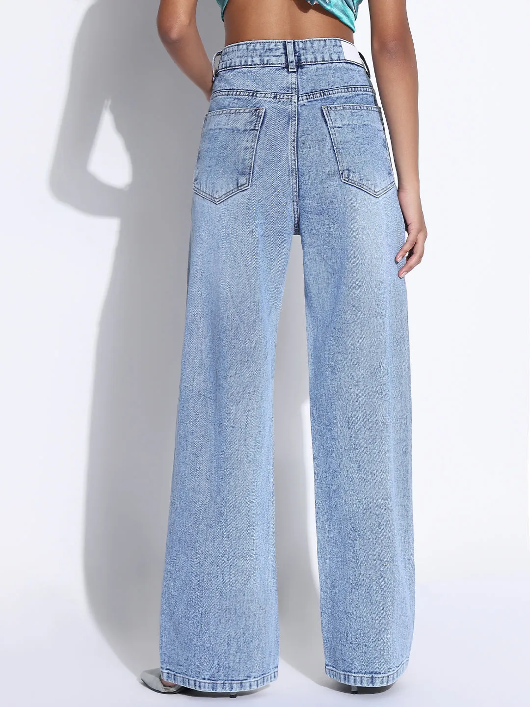 Style Focus Premium Material Women's Solid Blue Wide Leg Jeans