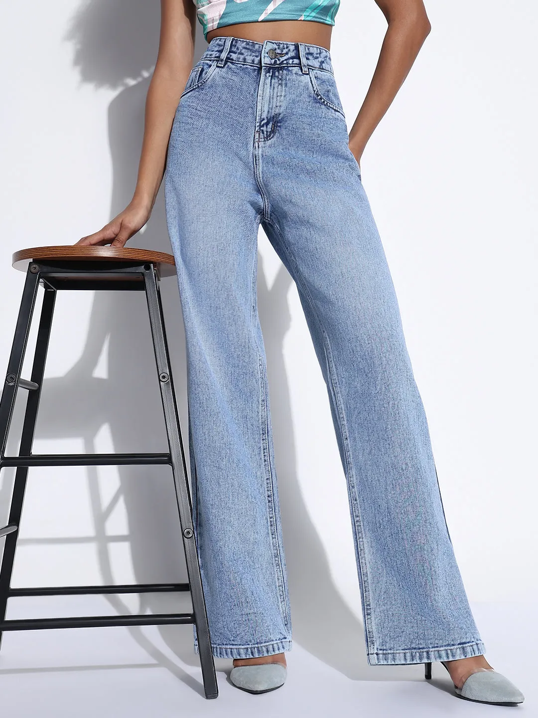 Women's Solid Blue Wide Leg Jeans Modern Couple Look Casual Design