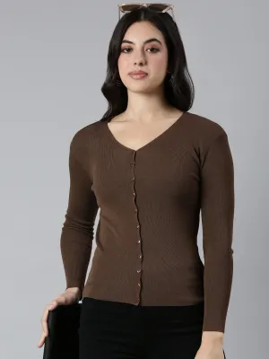 Women's Solid Brown Cardigan AntiStatic Coating Autumn Layer
