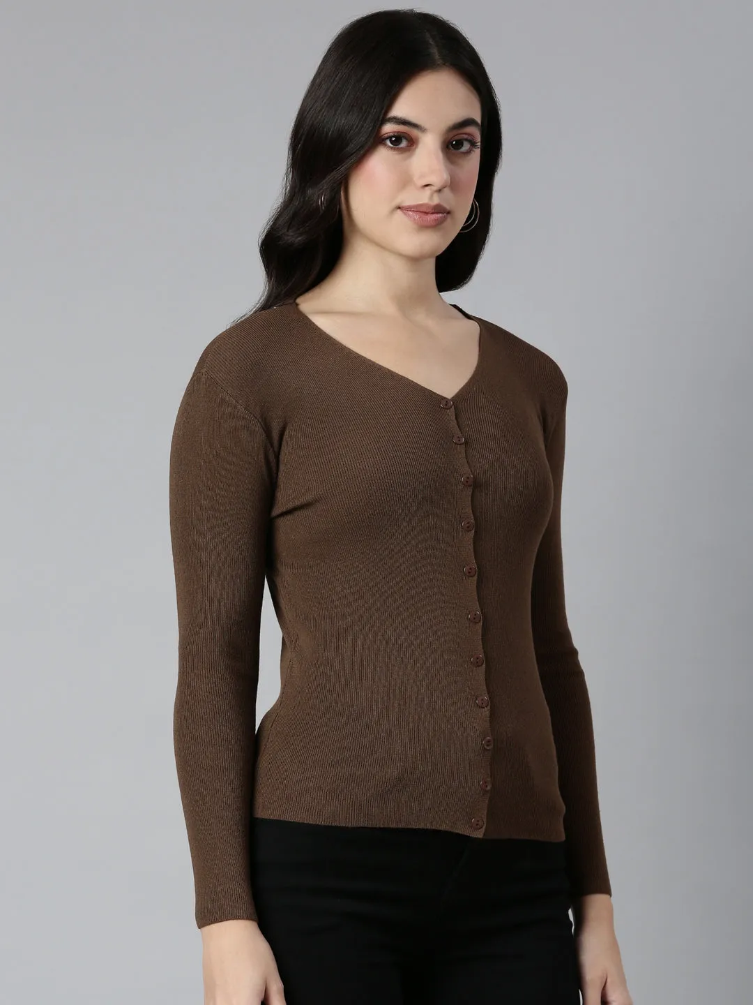 Women's Solid Brown Cardigan StretchRecovery Yarn