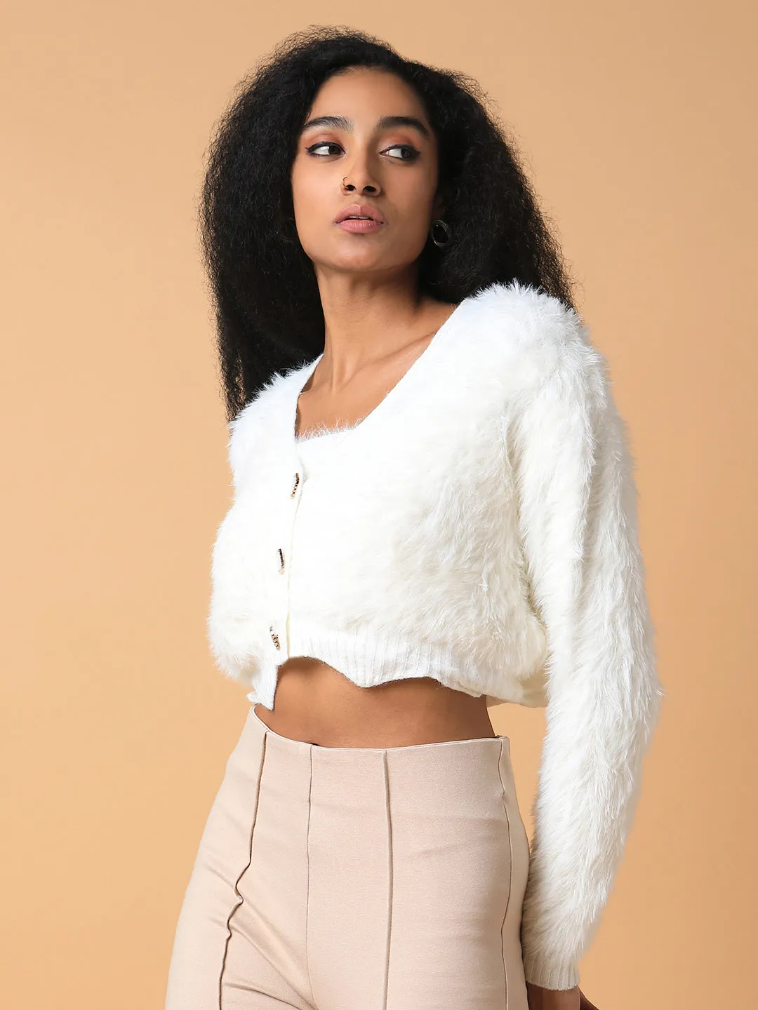 Women's Solid Cream Crop Cardigan with Inner FourWay Stretch Fabric Breathable Layer