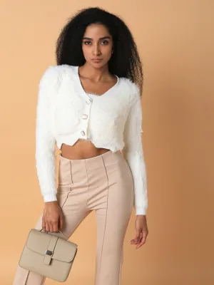 Women's Solid Cream Crop Cardigan with Inner SoftTouch Finish Colorfast Clothing