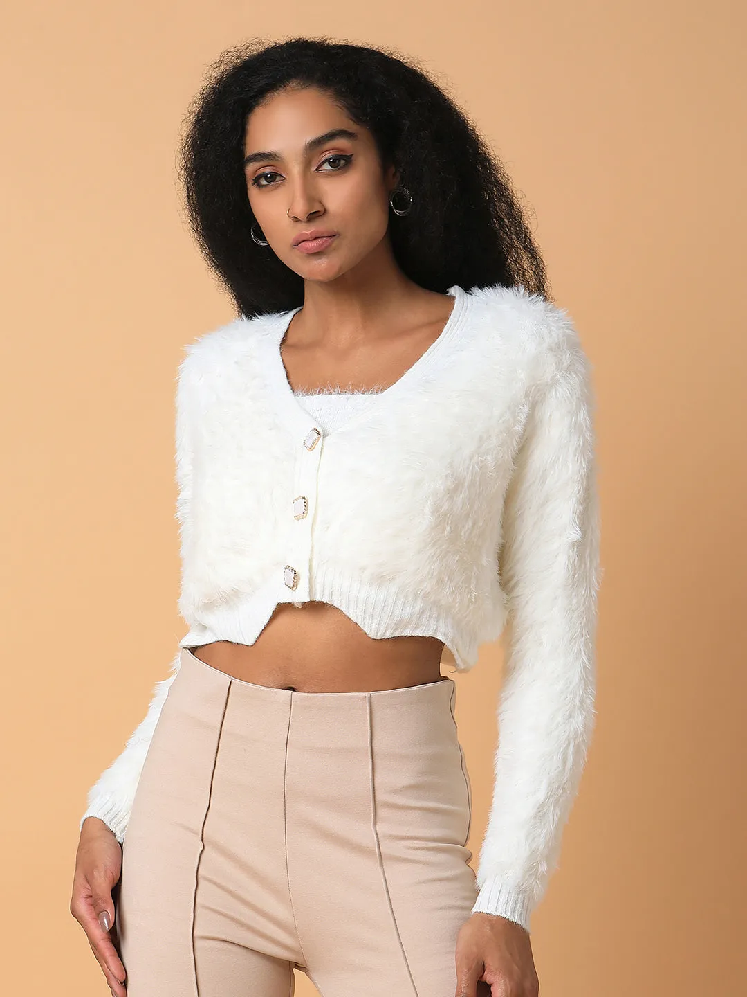 Women's Solid Cream Crop Cardigan with Inner Base Layer Cozy Moments