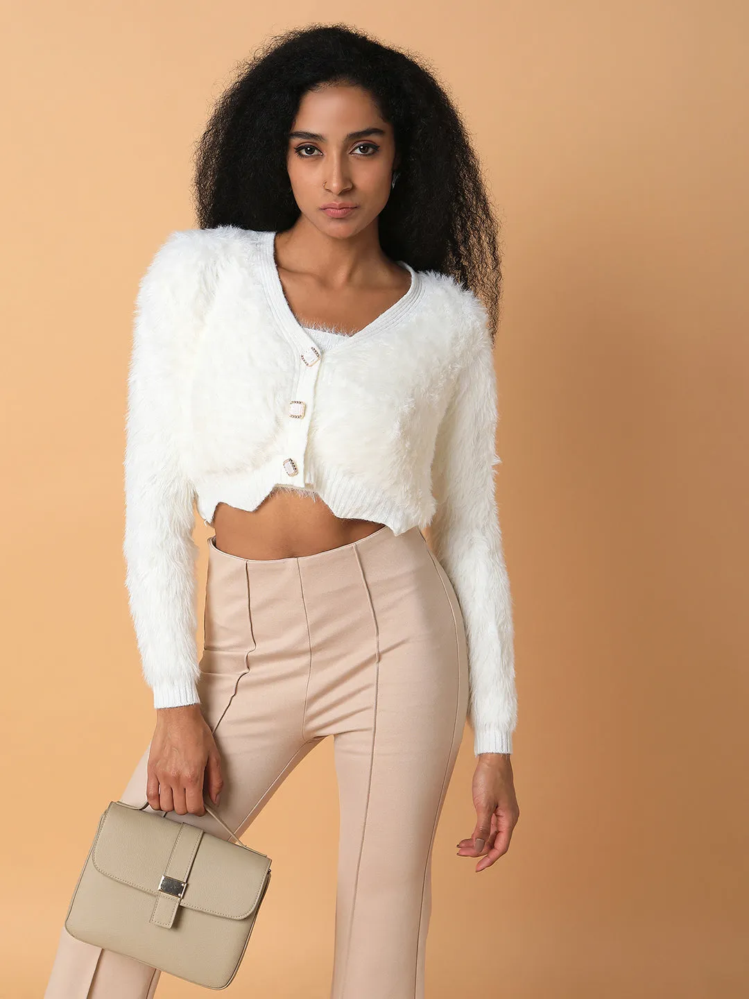 Women's Solid Cream Crop Cardigan with Inner SoftTouch Finish Colorfast Clothing