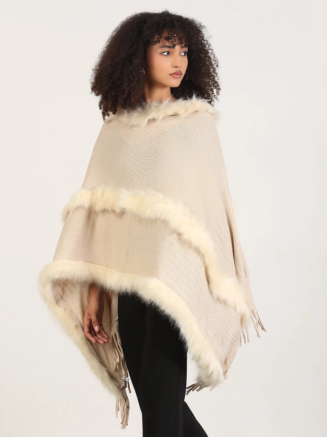 skin friendly Flexible Layer Women's Solid Cream Fringed Edge Poncho