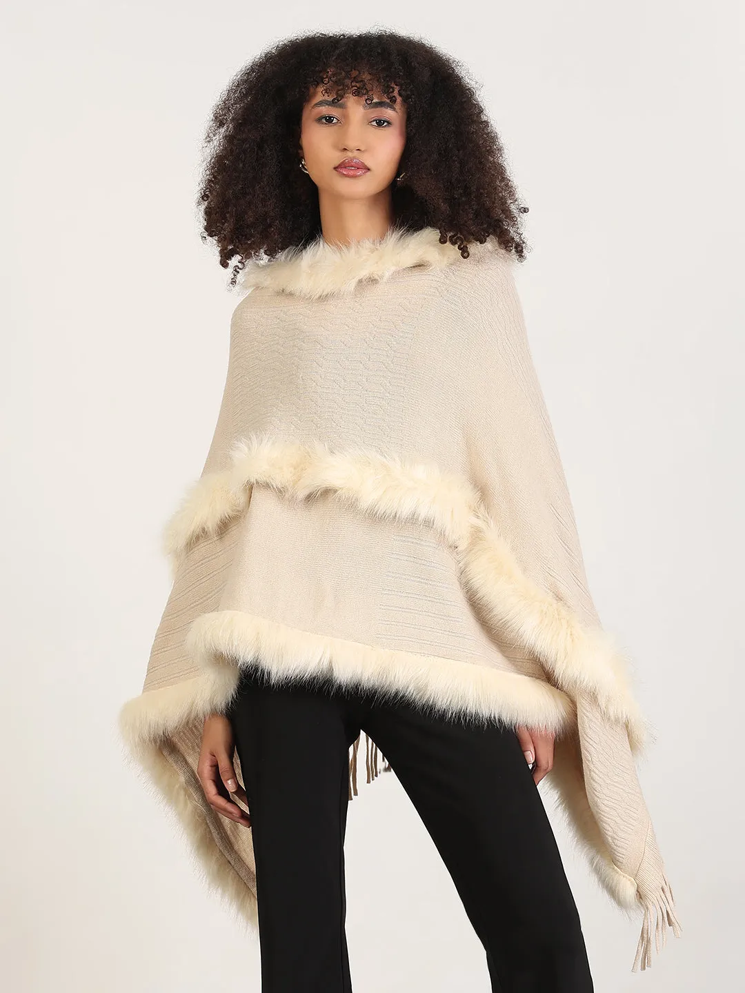 Women's Solid Cream Fringed Edge Poncho Zero Waste Knitting Technique MultiPly Yarn Construction