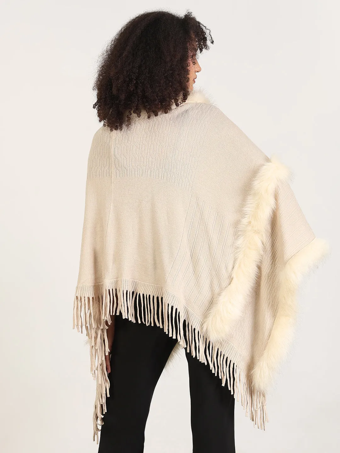 Women's Solid Cream Fringed Edge Poncho Balanced Stretch Structure Simple Warmth