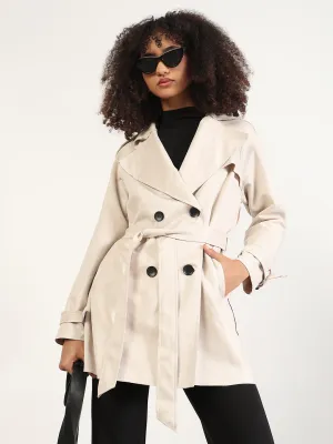 Noise Free Fabric Sleek Outdoor Look Women's Solid Cream Lapel Collar Longline Trench Coat with Fabric Belt