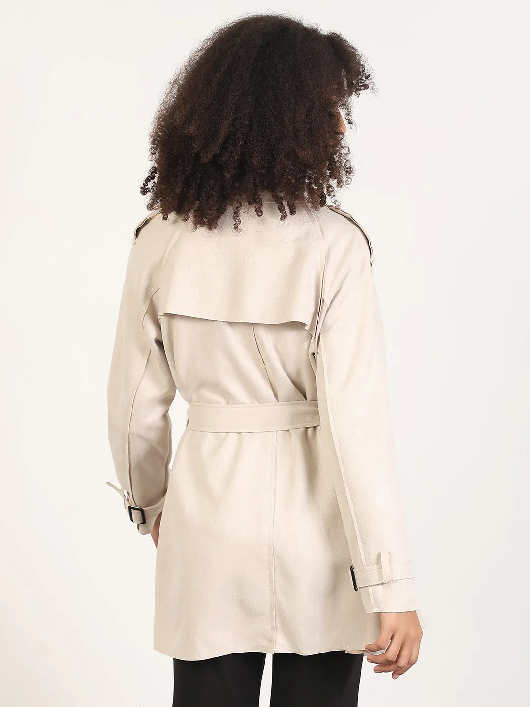 Soft Interior Brushing Seasonal Trend Women's Solid Cream Lapel Collar Longline Trench Coat with Fabric Belt