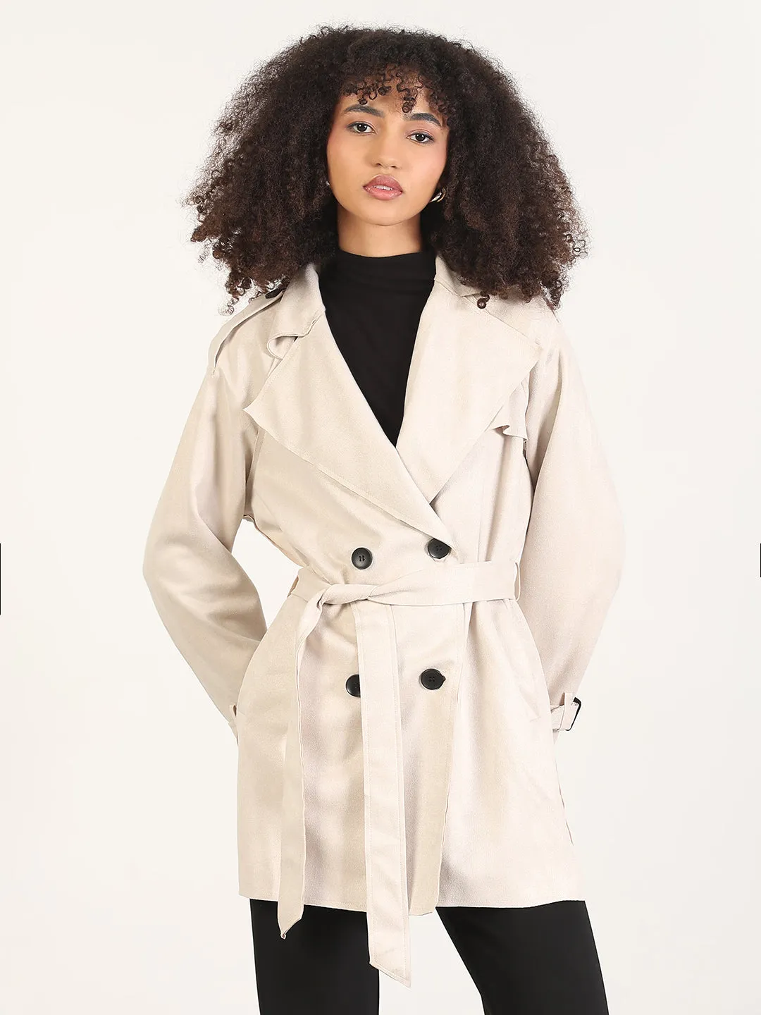 Tear Resistant Panels Women's Solid Cream Lapel Collar Longline Trench Coat with Fabric Belt