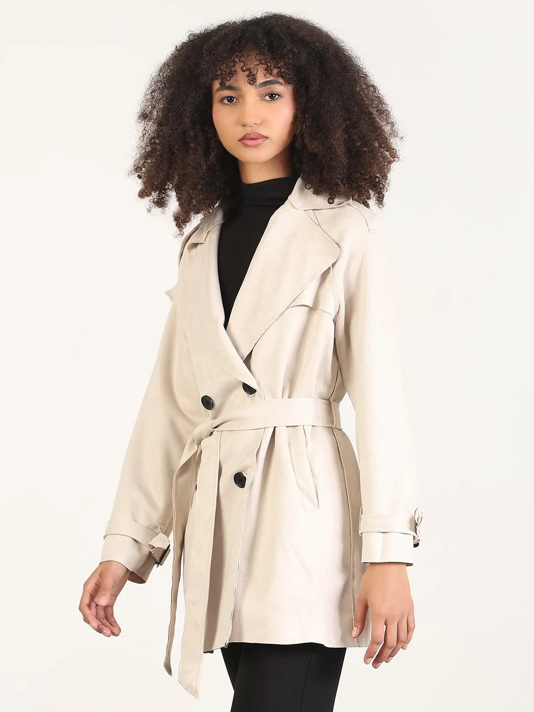 Modern Street EasyClean Coating Women's Solid Cream Lapel Collar Longline Trench Coat with Fabric Belt