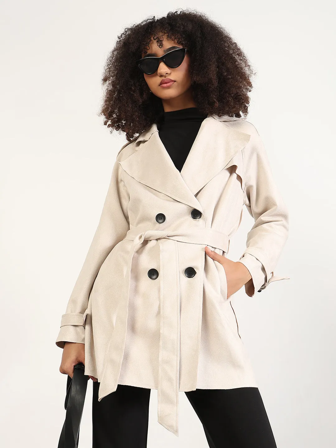 Noise Free Fabric Sleek Outdoor Look Women's Solid Cream Lapel Collar Longline Trench Coat with Fabric Belt