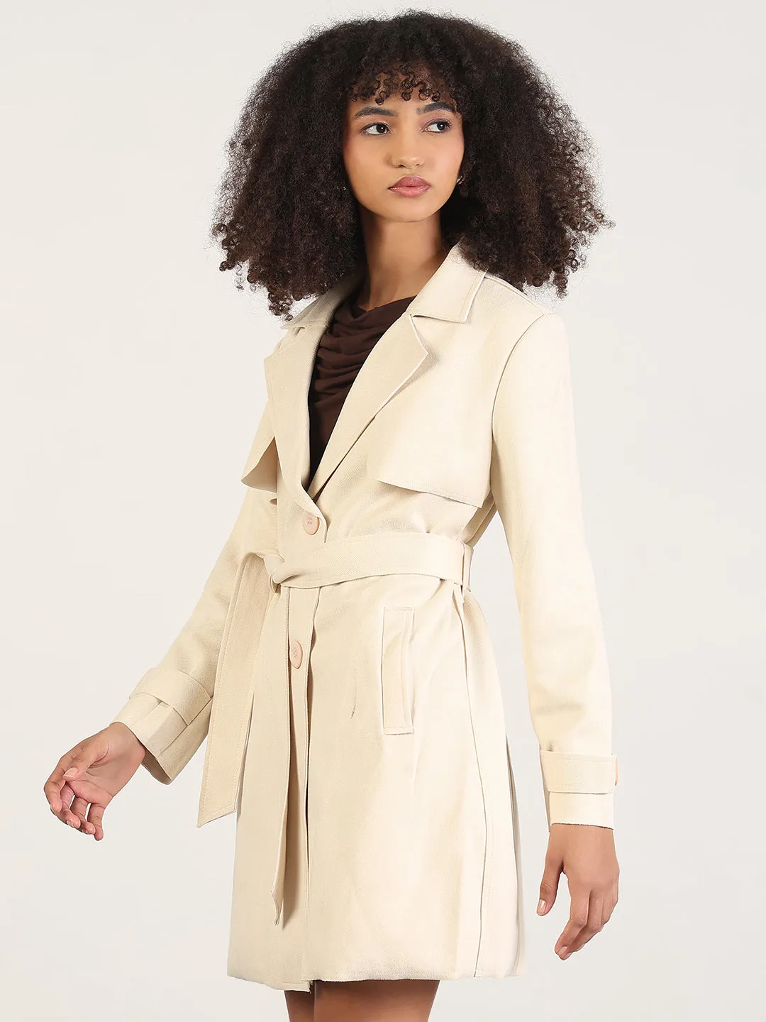 Women's Solid Cream Lapel Collar Longline Trench Coat with Fabric Belt Oversized Silhouette
