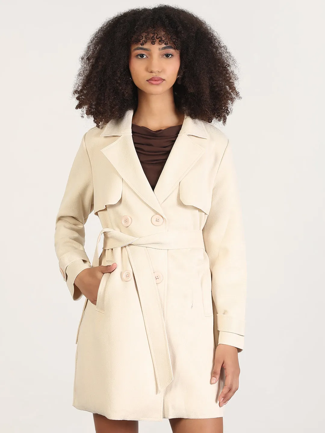 OdorControlTreatment Women's Solid Cream Lapel Collar Longline Trench Coat with Fabric Belt