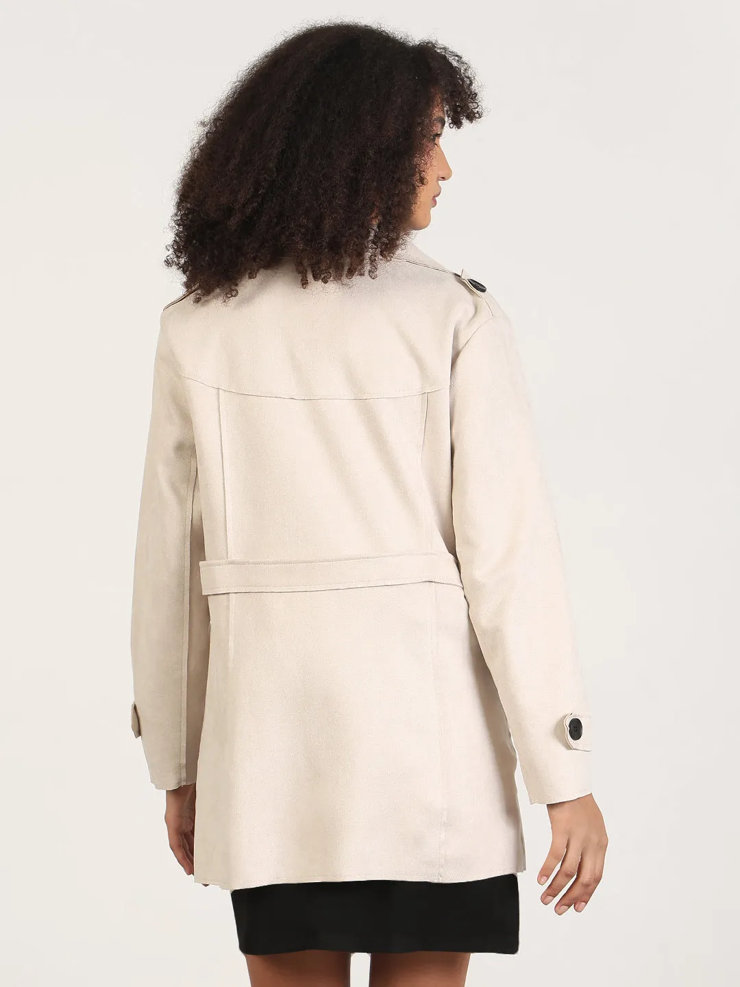 Women's Solid Cream Lapel Collar Trench Coat Durable Color Retention Quick Release Fasteners