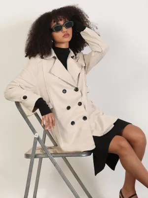 Women's Solid Cream Lapel Collar Trench Coat Magnetic Closure Option