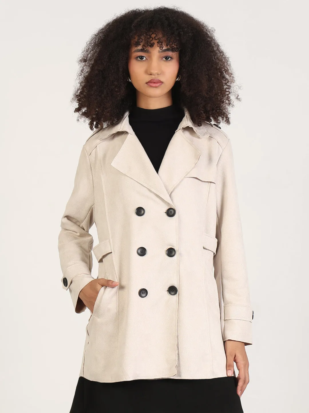 Women's Solid Cream Lapel Collar Trench Coat Thermal Insulation Layer