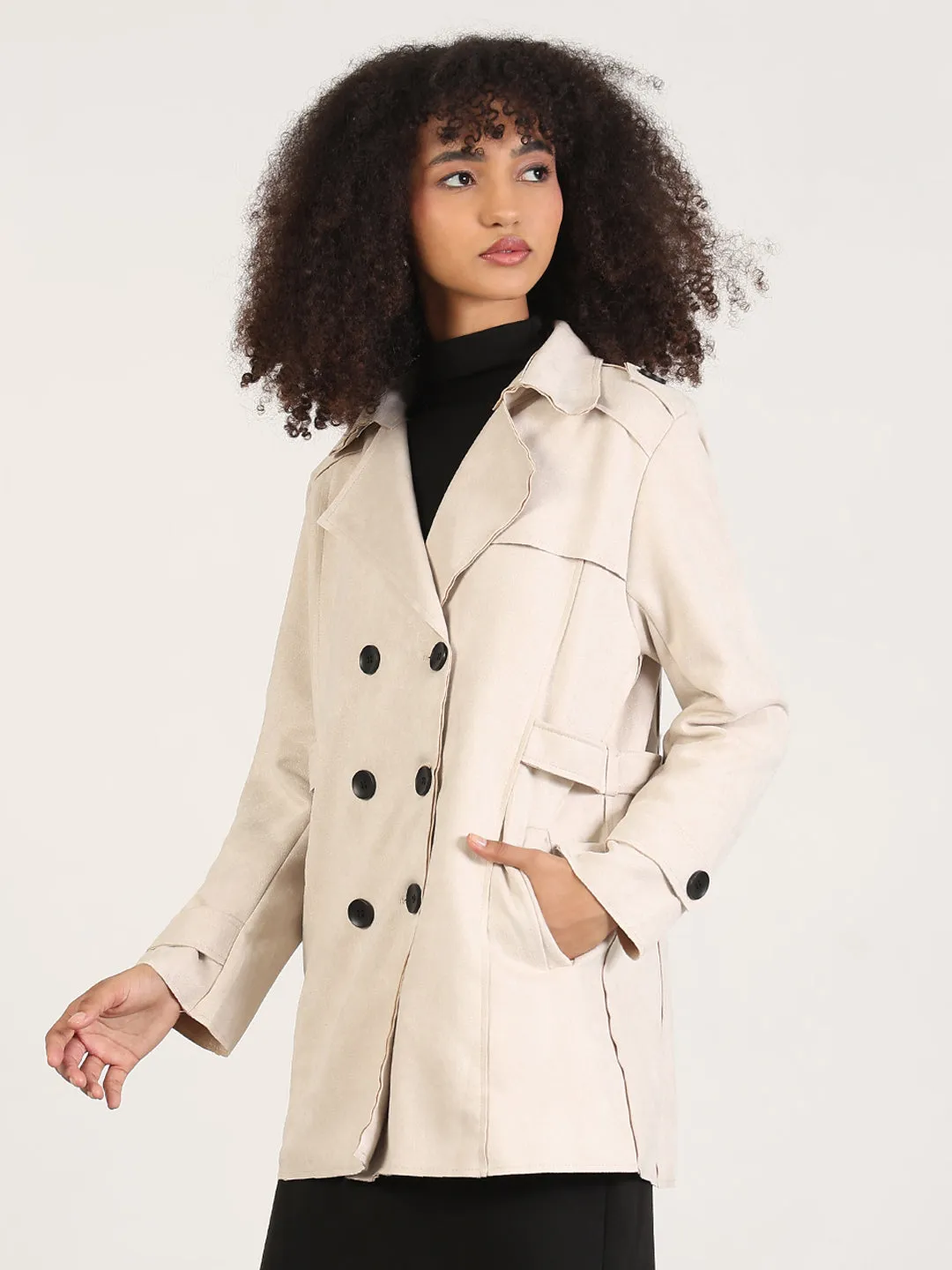 BreathableLining Women's Solid Cream Lapel Collar Trench Coat