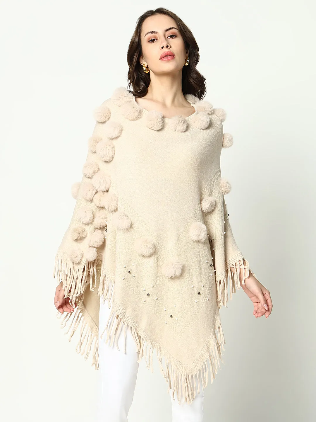 Women's Solid Cream Longline Poncho MoistureControl Fabric