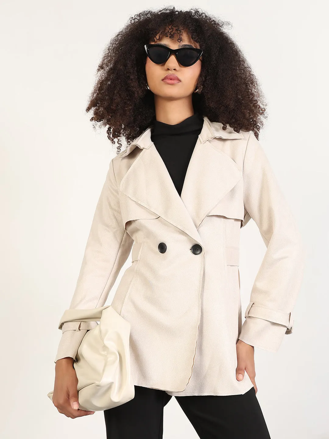 Compression Resistant Insulation No Roll Collar Technology Women's Solid Cream Spread Collar Trench Coat with WristBelt