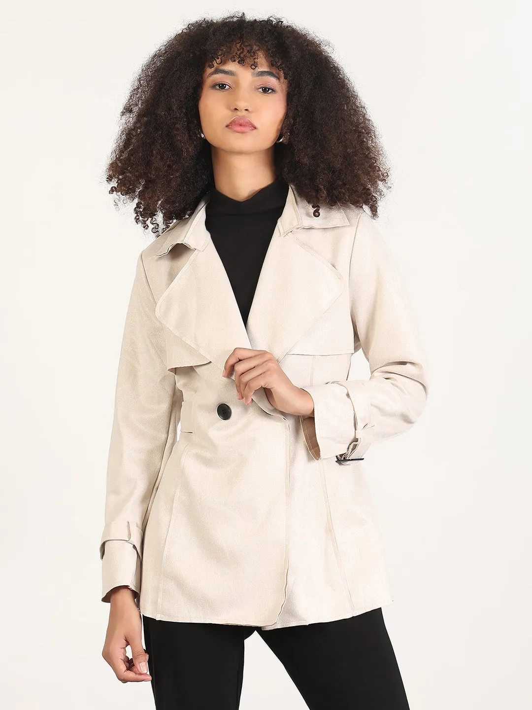 Women's Solid Cream Spread Collar Trench Coat with WristBelt ContouredShoulderFit Glow In The Dark Accents